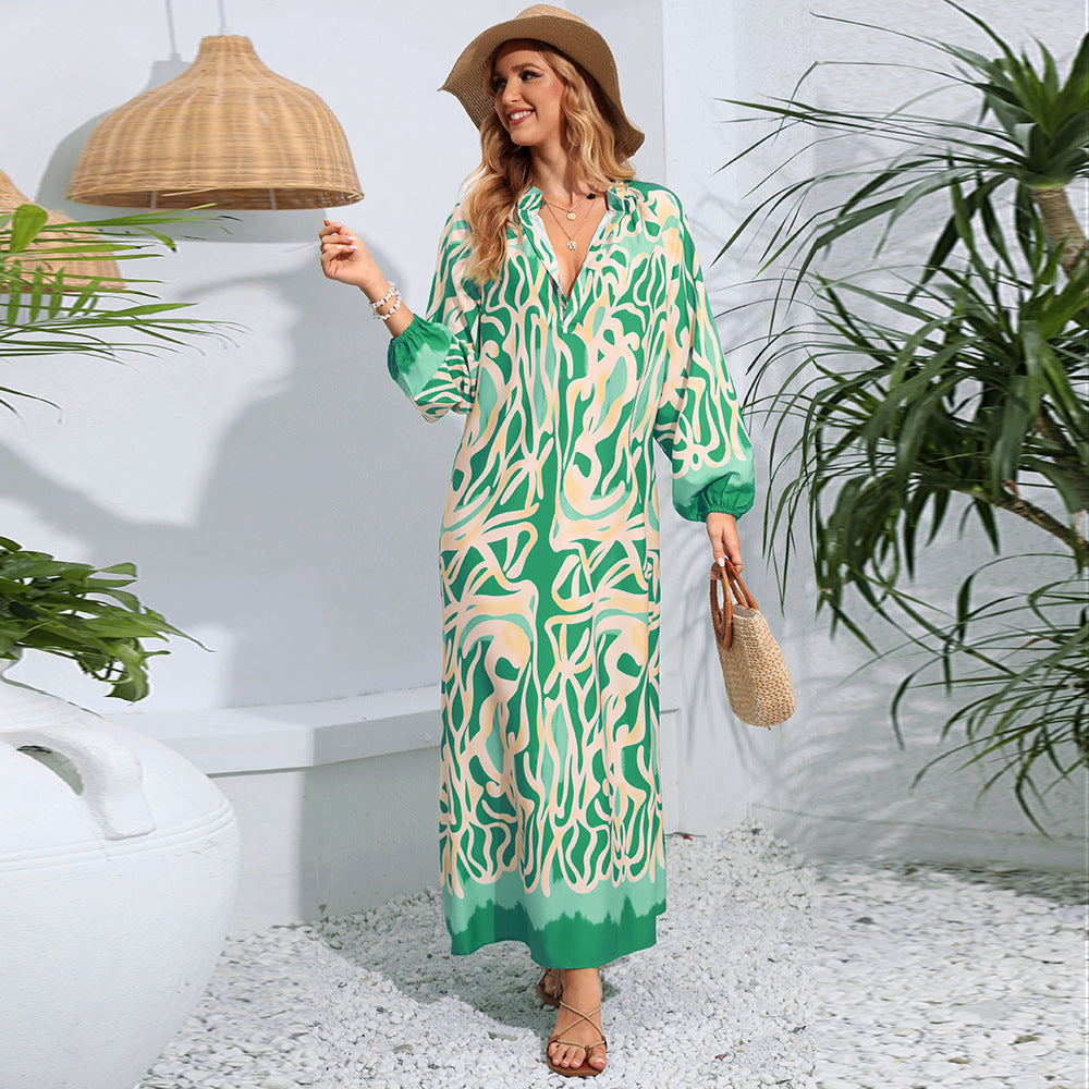 Pullover V-neck Print Swept Long Sleeve Dress