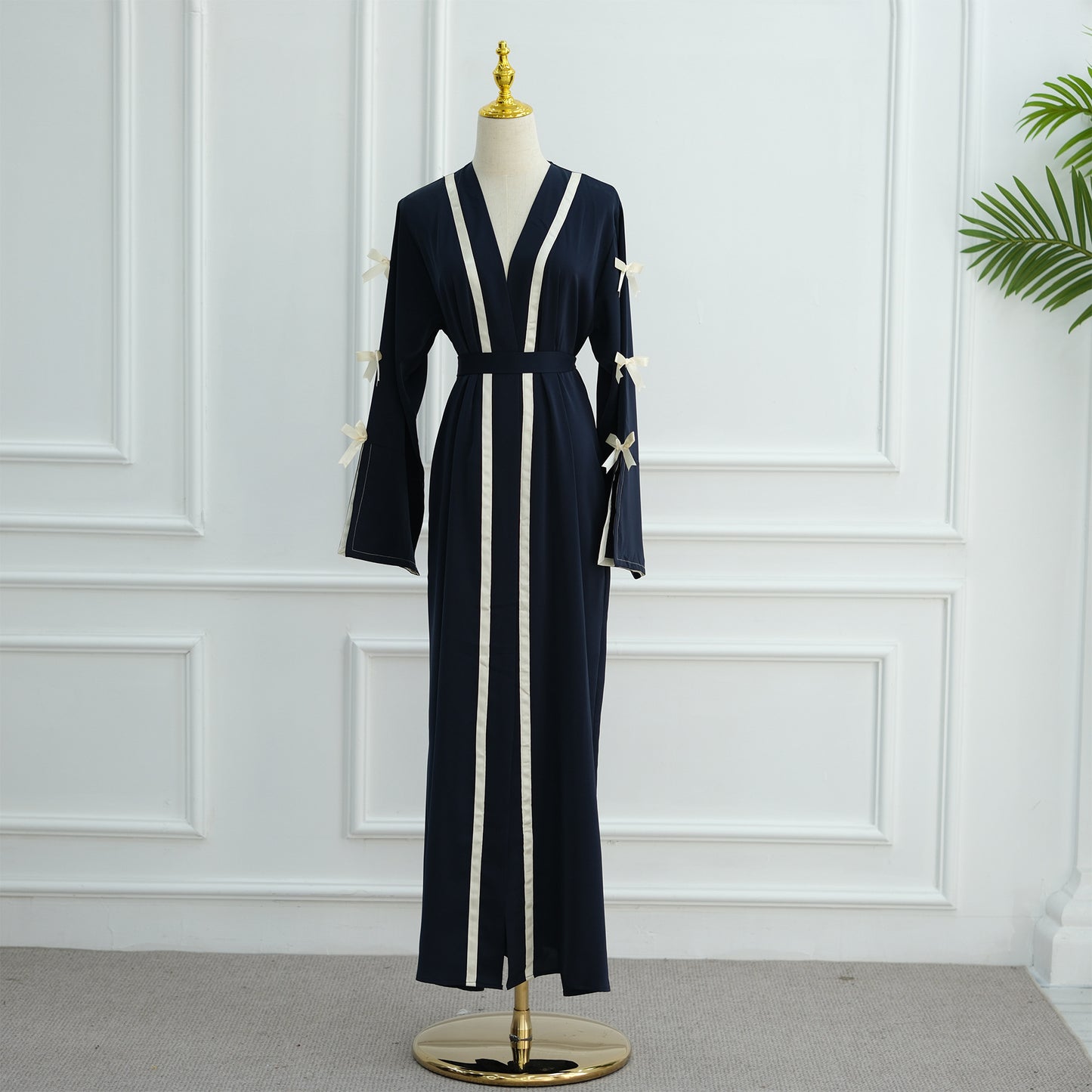 Bow Tie Open Abaya with Contrast Trim for Women