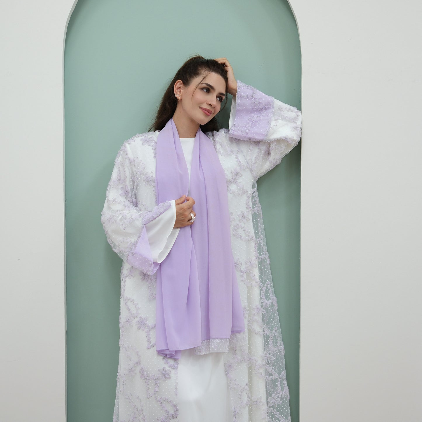 Elegant 3D Floral Mesh Open Abaya with Optional Inner Dress and Scarf