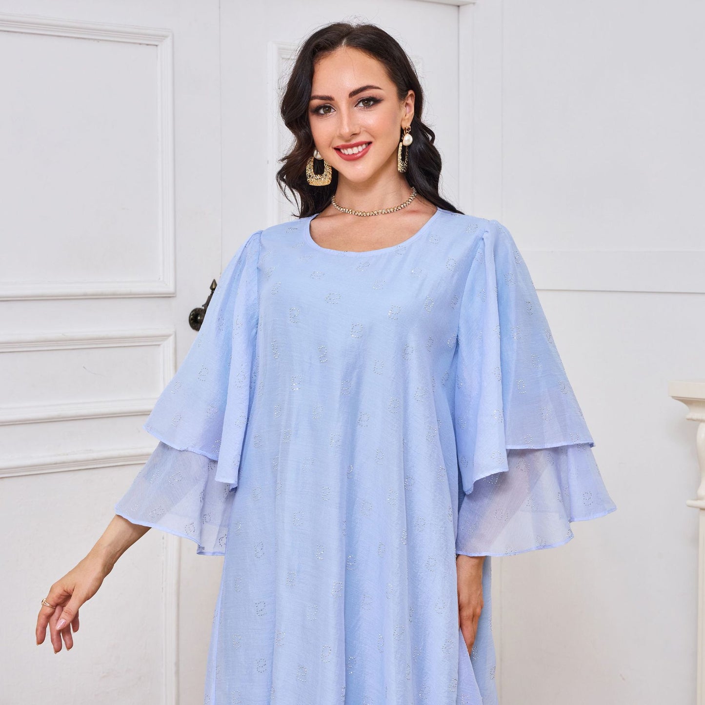 Rhinestone Double Layer Short Sleeve Loose Dress