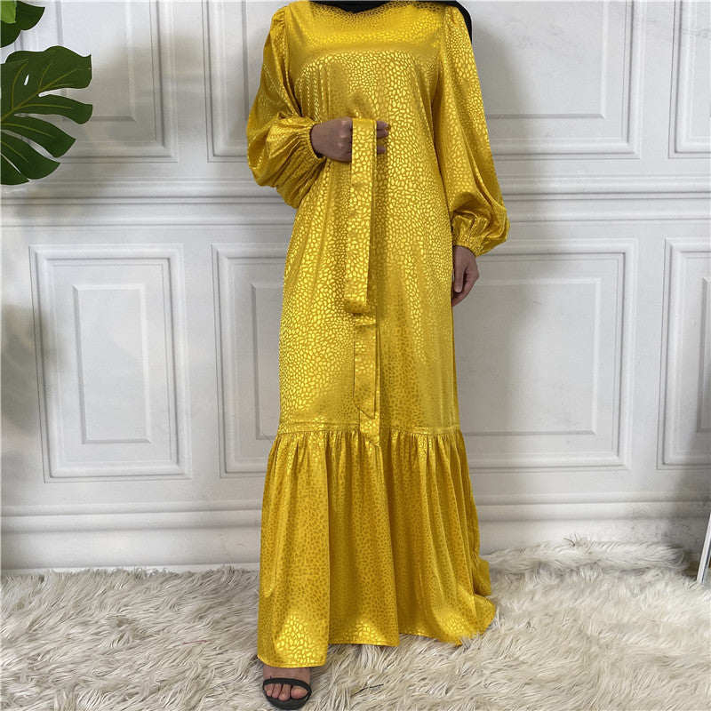 Modest Gold Jacquard Abaya Maxi Dress for Muslim Women
