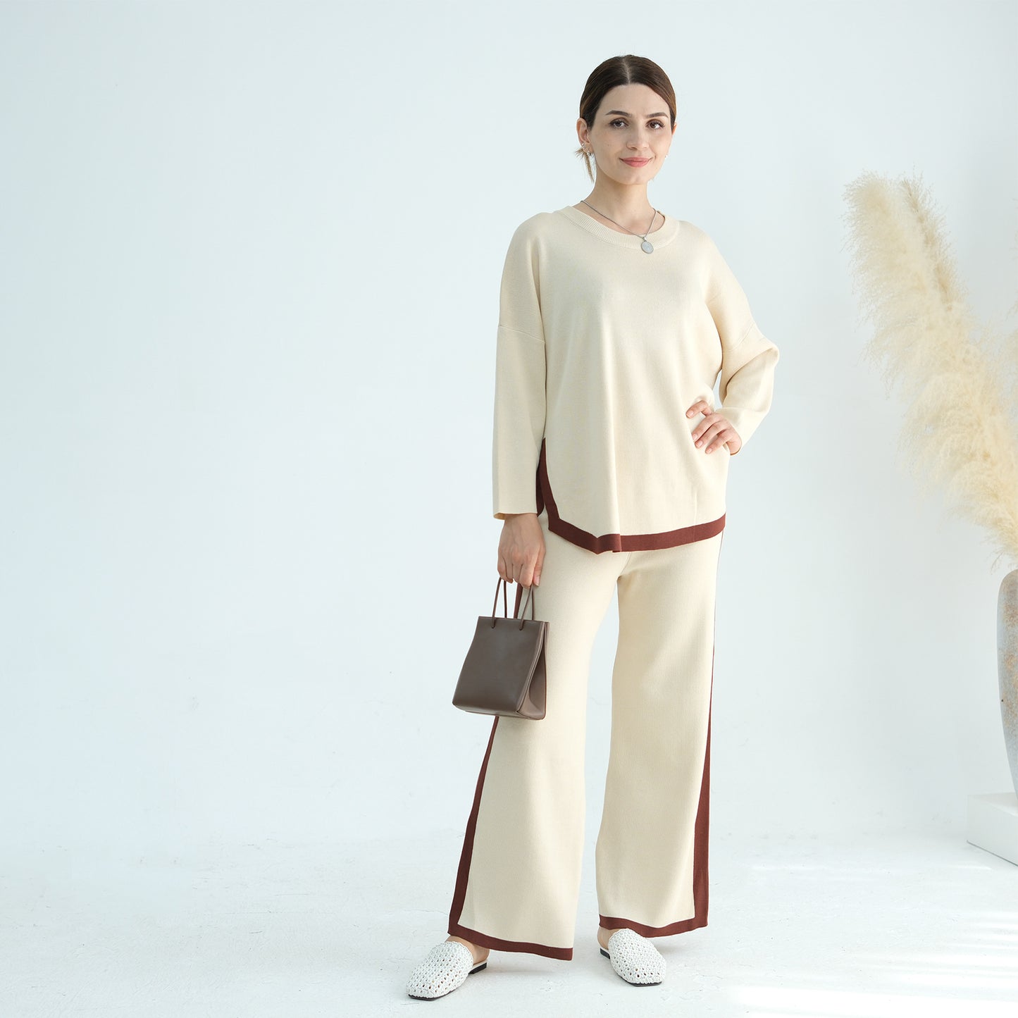 Thickened Knitted Sweater Wide-Leg Pants Trousers Two-Piece Set