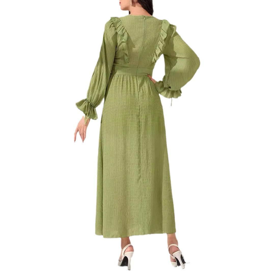 Women's V-neck Trim Waist Green Dress