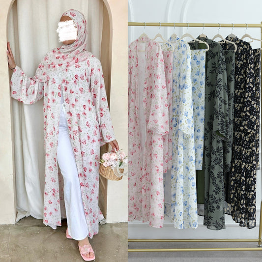 Printed Hijab Set with Double Layer Chiffon Open Cardigan