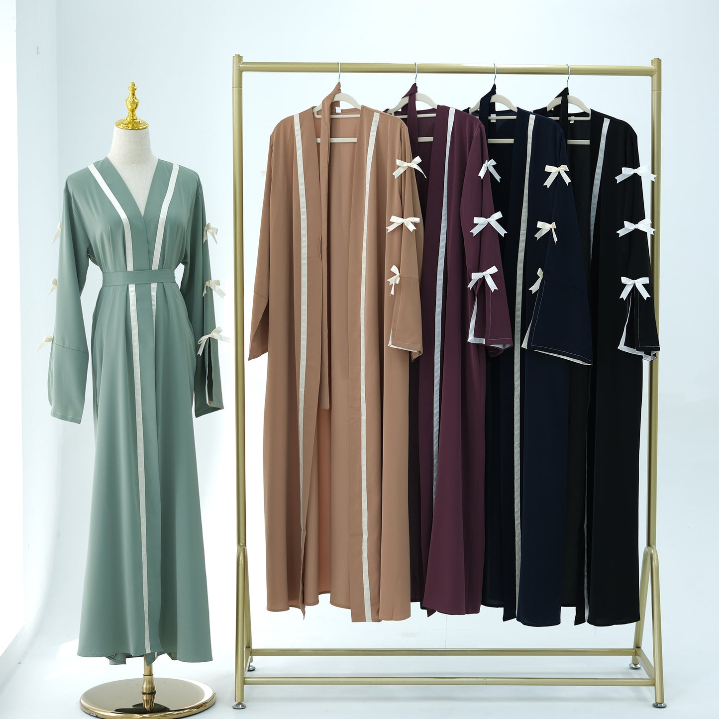 Bow Tie Open Abaya with Contrast Trim for Women