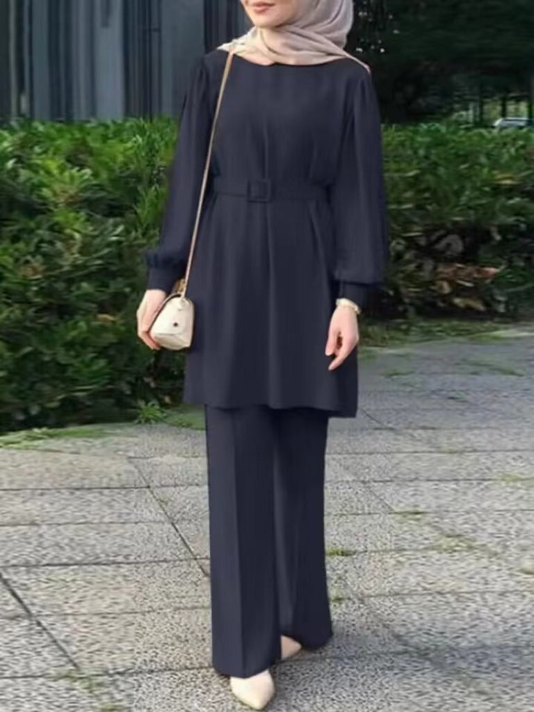 Women's Crewneck Top Waistband Trousers Set