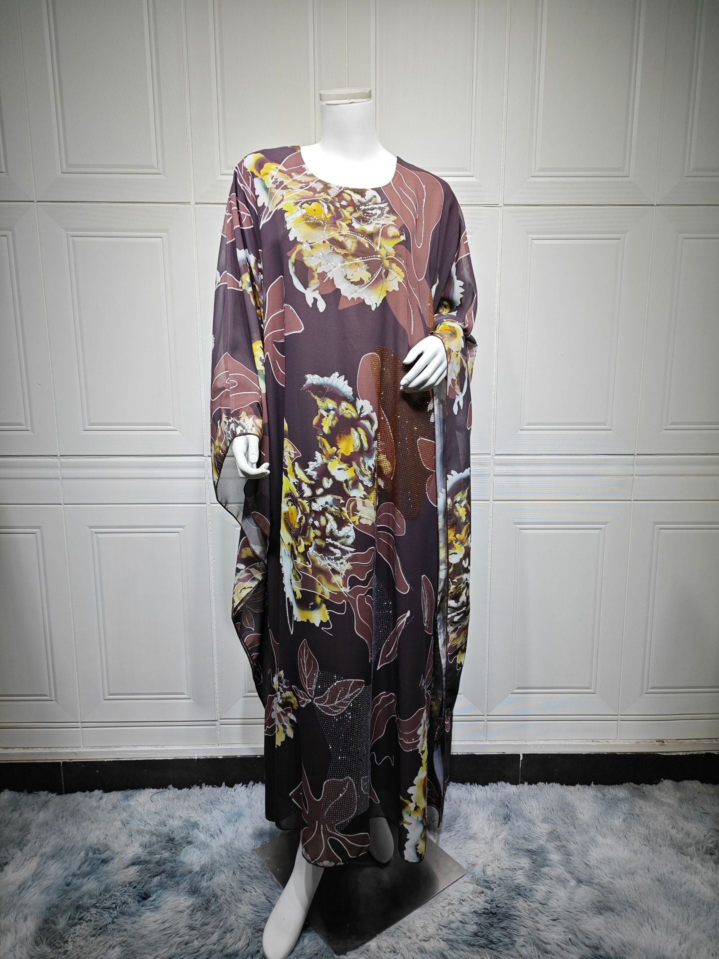 Printed Large-flowered Hot Diamond Chiffon Dress