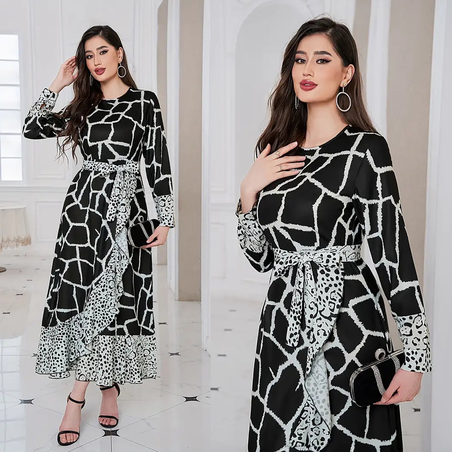 Women's Leopard Print Ruffle Patchwork Dress