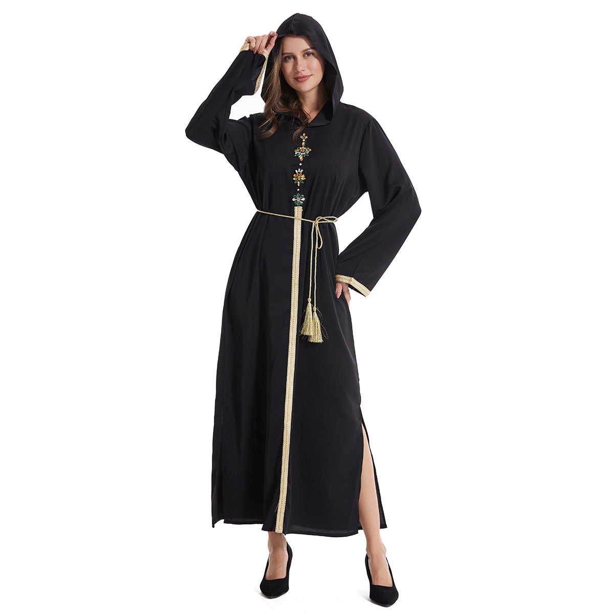 Women's Hooded Long Sleeve Hand-stitched Diamond Dress