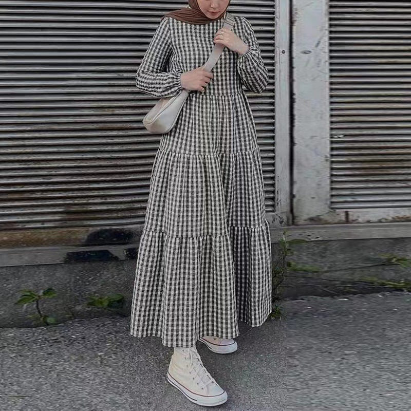 Women's Elastic Sleeve Crewneck Casual Dress