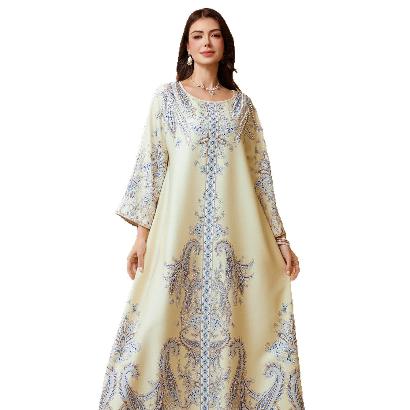 Beaded Print Muslim Kaftan Maxi Dress