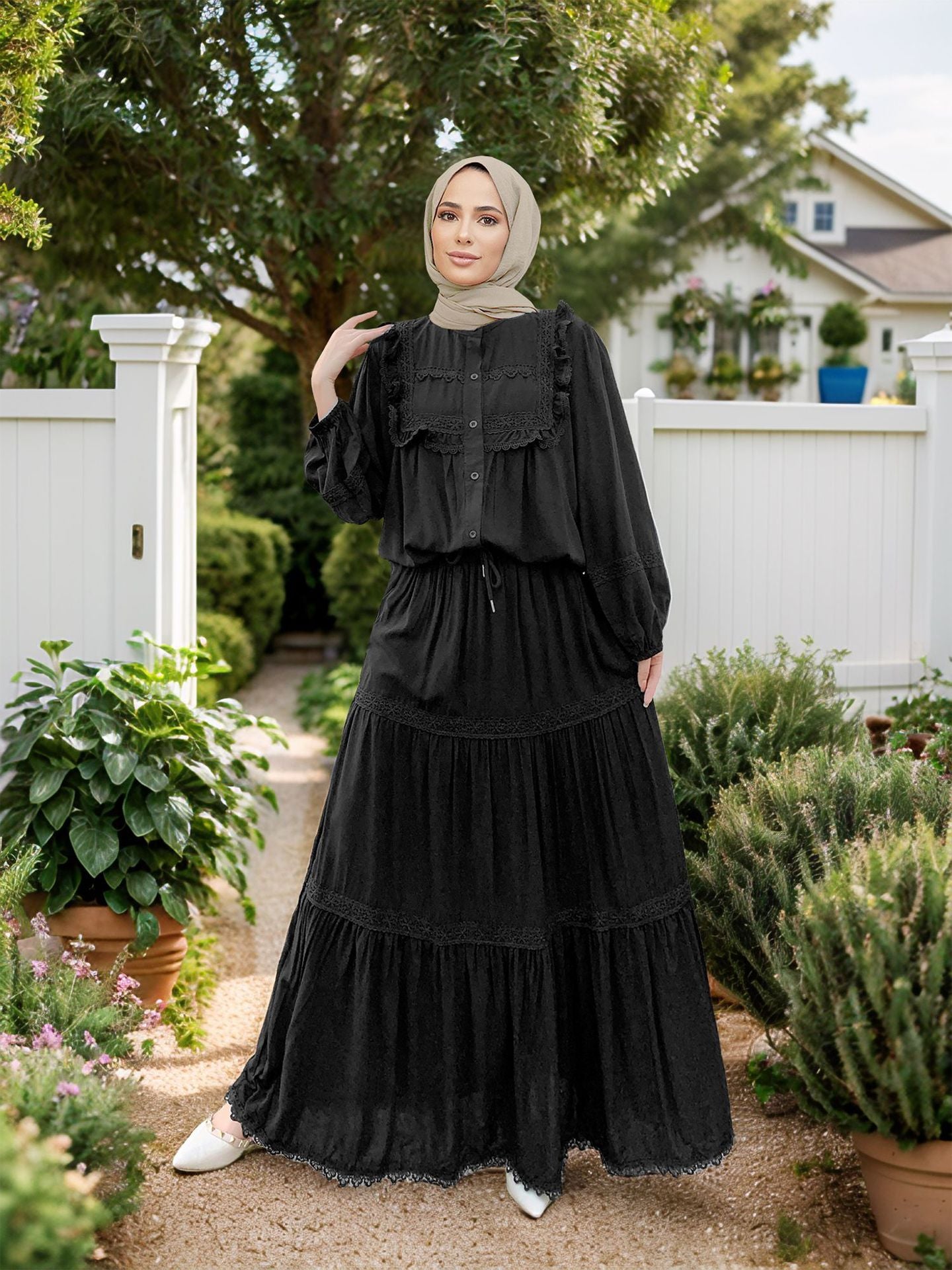Lace Ruffle Trim Muslim Two-Piece Skirt Set