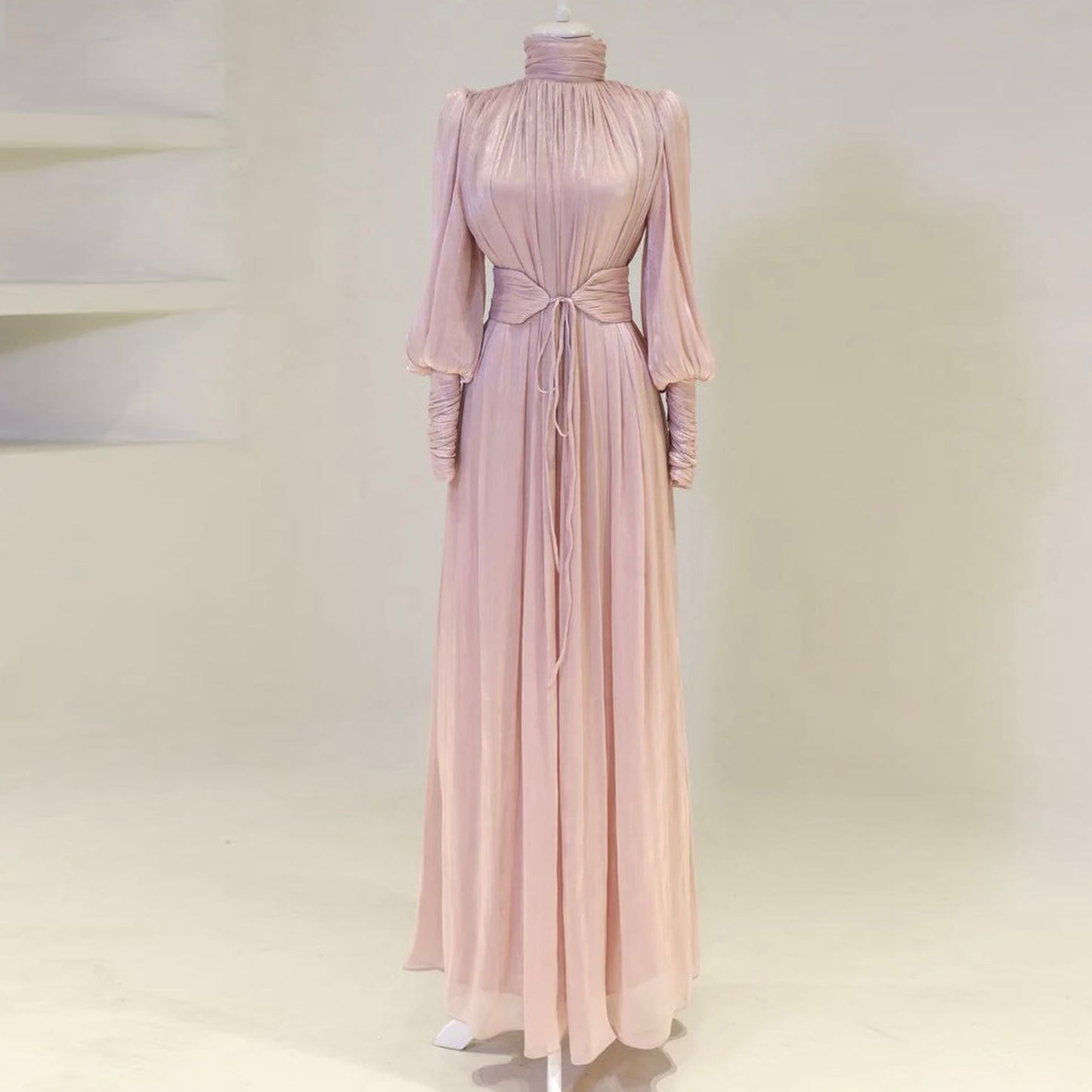 Elegant Pleated Satin Maxi Dress with Waist Belt