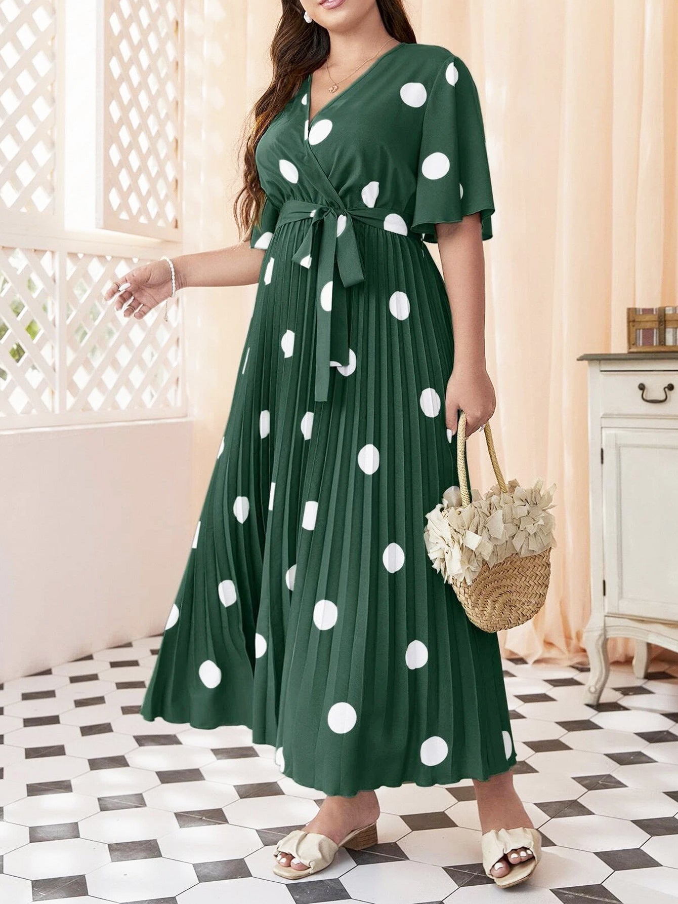 Women's Polka Dot Print Flared Sleeve Lace-up Pleated Dress