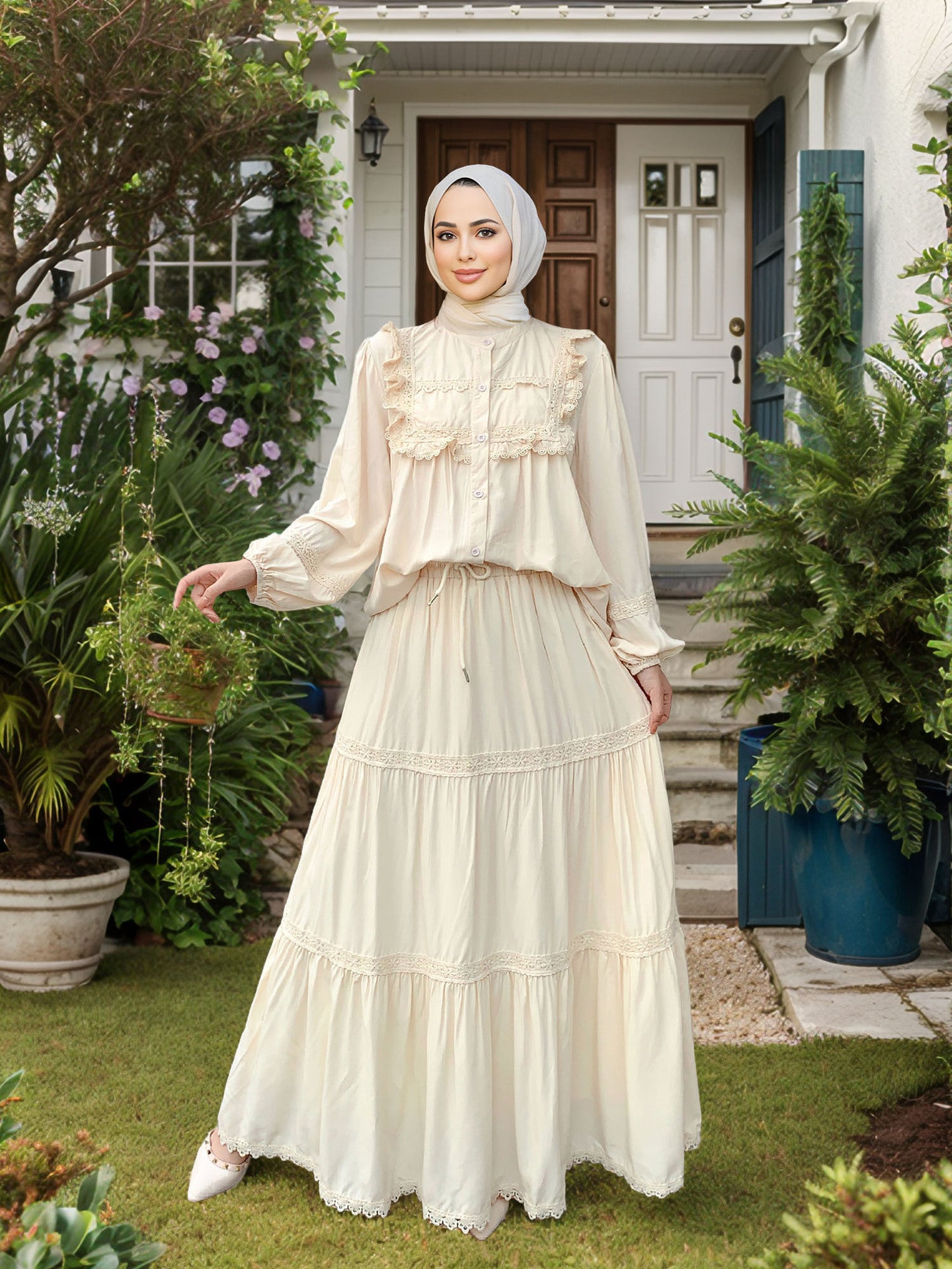 Lace Ruffle Trim Muslim Two-Piece Skirt Set