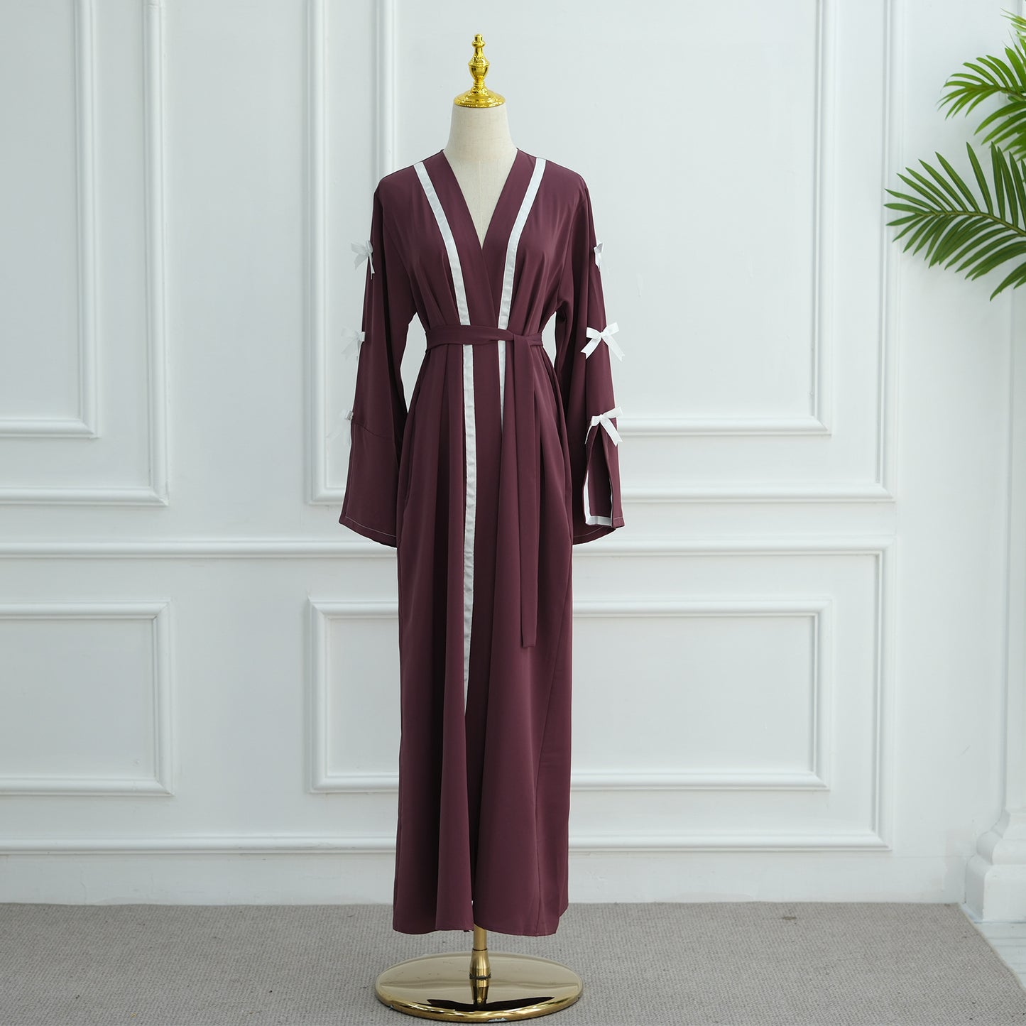 Bow Tie Open Abaya with Contrast Trim for Women