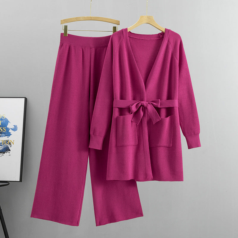 Women's Wide-Leg Pants Knitted Cardigan Two-Piece Set