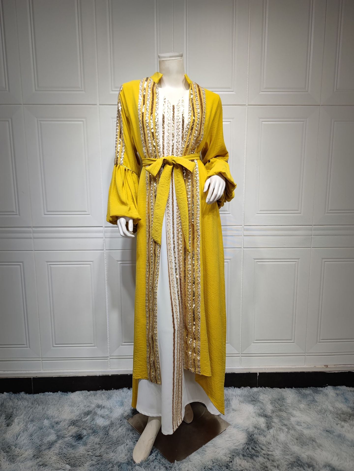 Beaded Embroidered Bubble Sleeve Dress Two Piece Set