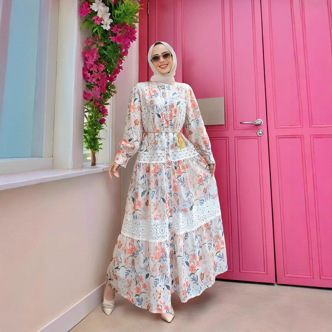 Embroidered Floral Modest Muslim Lantern Sleeve Maxi Dress