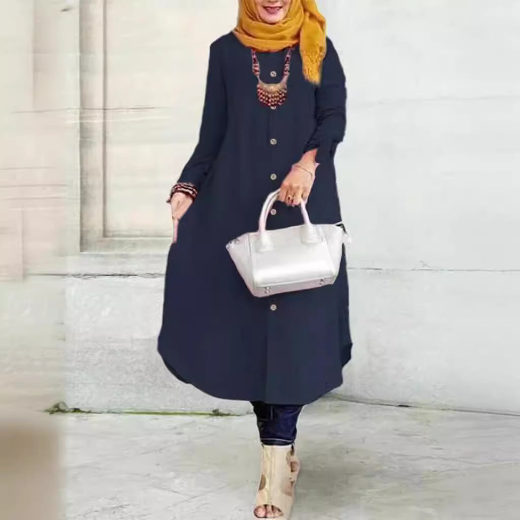 Women's Long-sleeved Solid Color Wooden Button-down Shirt Dress