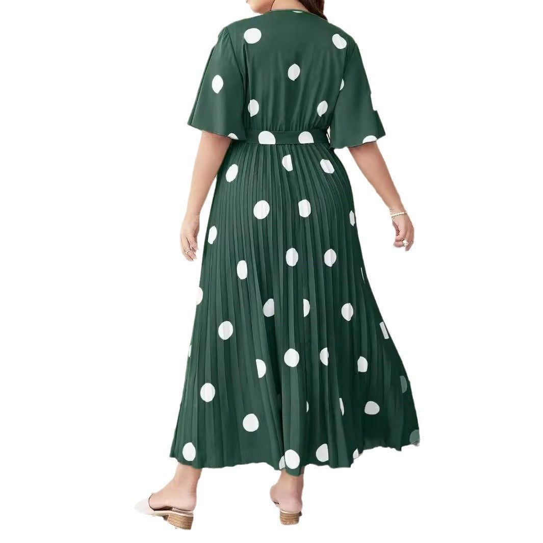 Women's Polka Dot Print Flared Sleeve Lace-up Pleated Dress