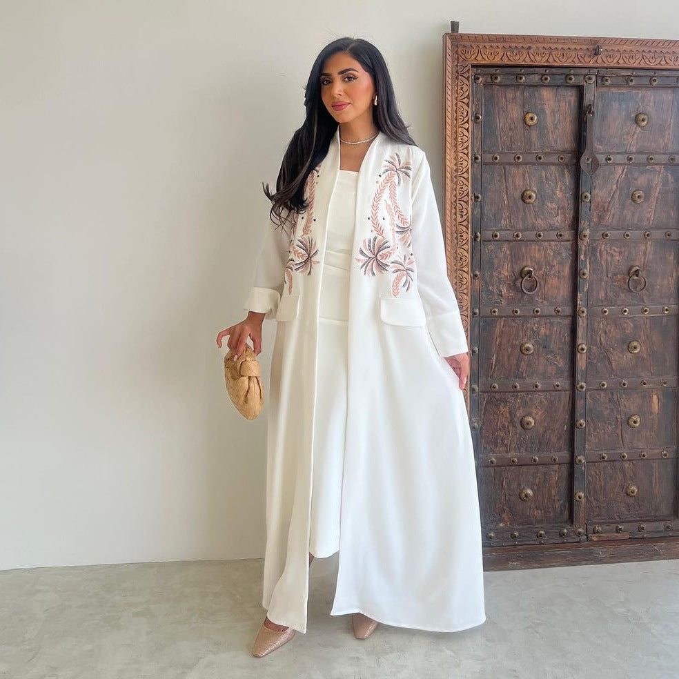 Women's White Embroidered Robe Open Abaya