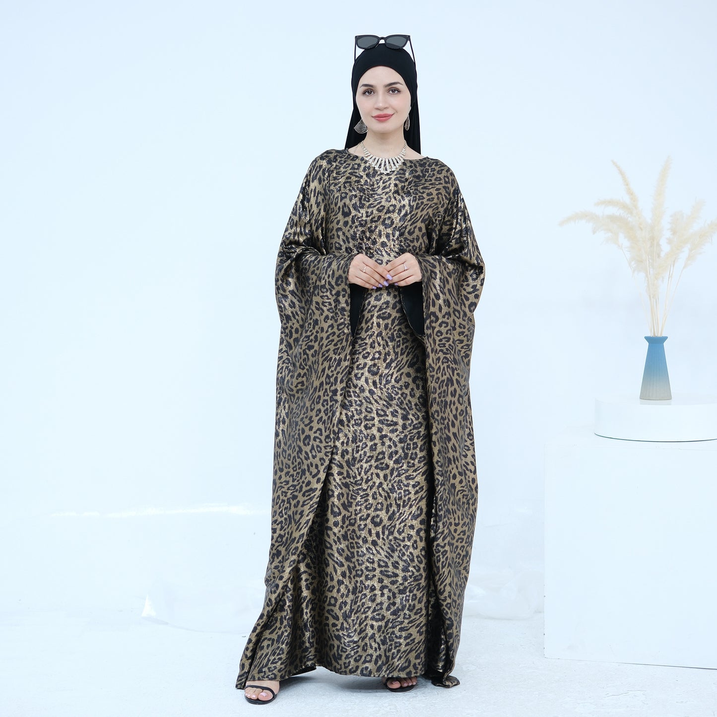 Leopard Print Arab Modest Batwing Sleeve Kaftan Dress