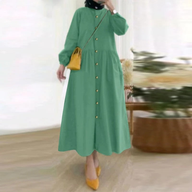 Button-Front Pocket Muslim Midi Day Dress