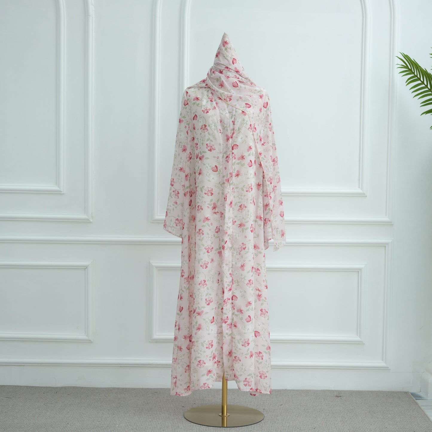 Printed Hijab Set with Double Layer Chiffon Open Cardigan