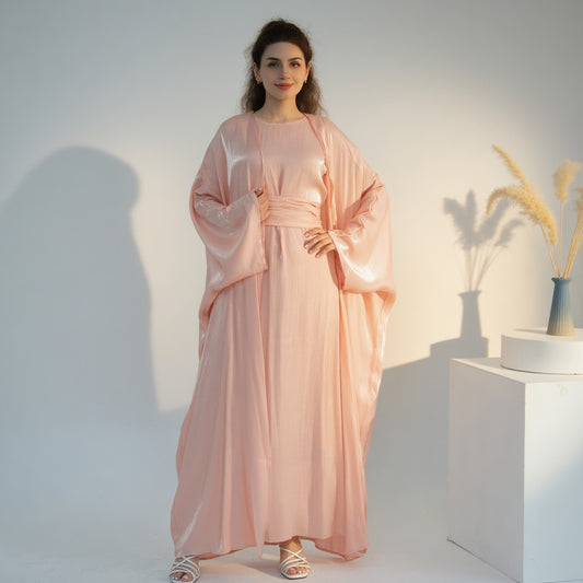 Elegant Solid Color Two Piece Abaya Set with Inner Dress