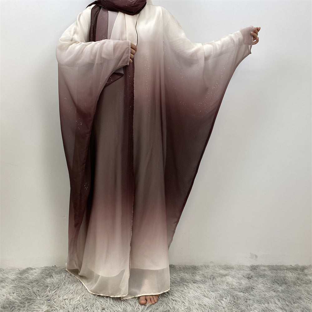Muslim Chiffon Cardigan Gradient Bat Sleeve Set with Hijab