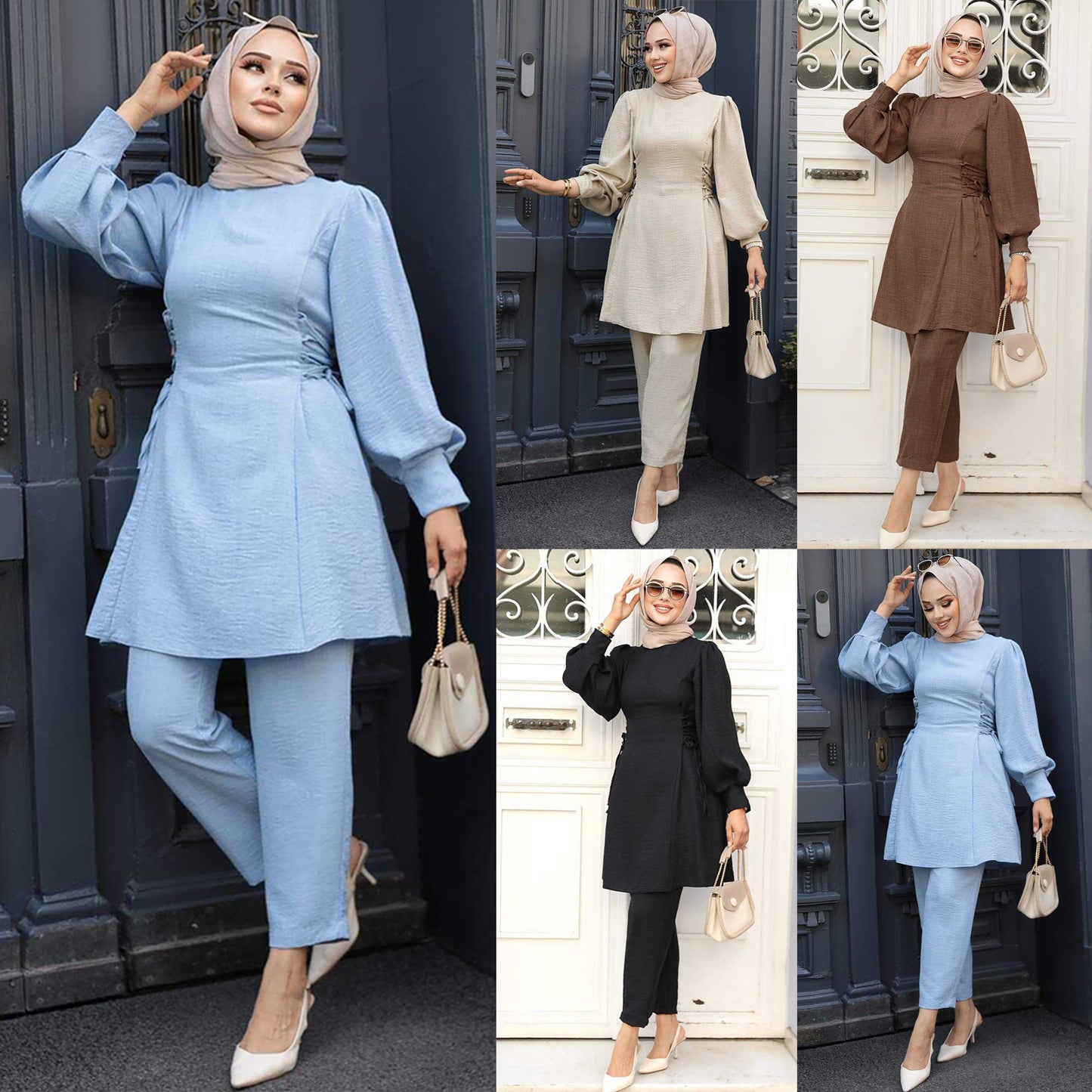 Women's Lace-up Balloon Sleeve Casual Suit