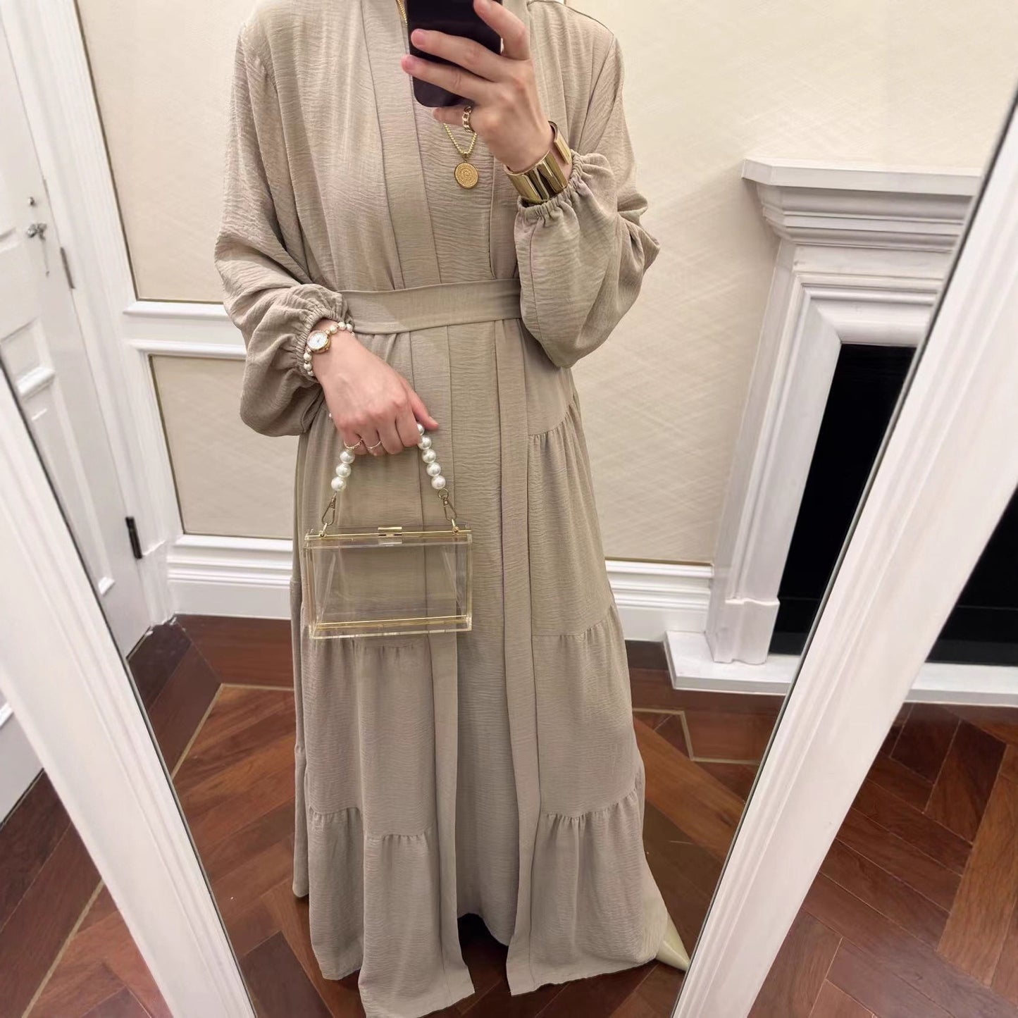 Modest Two Piece Maxi Dress with Open Abaya and Belt