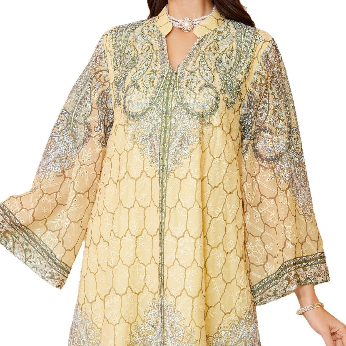Embroidered Rhinestone Muslim Print Kaftan Dress