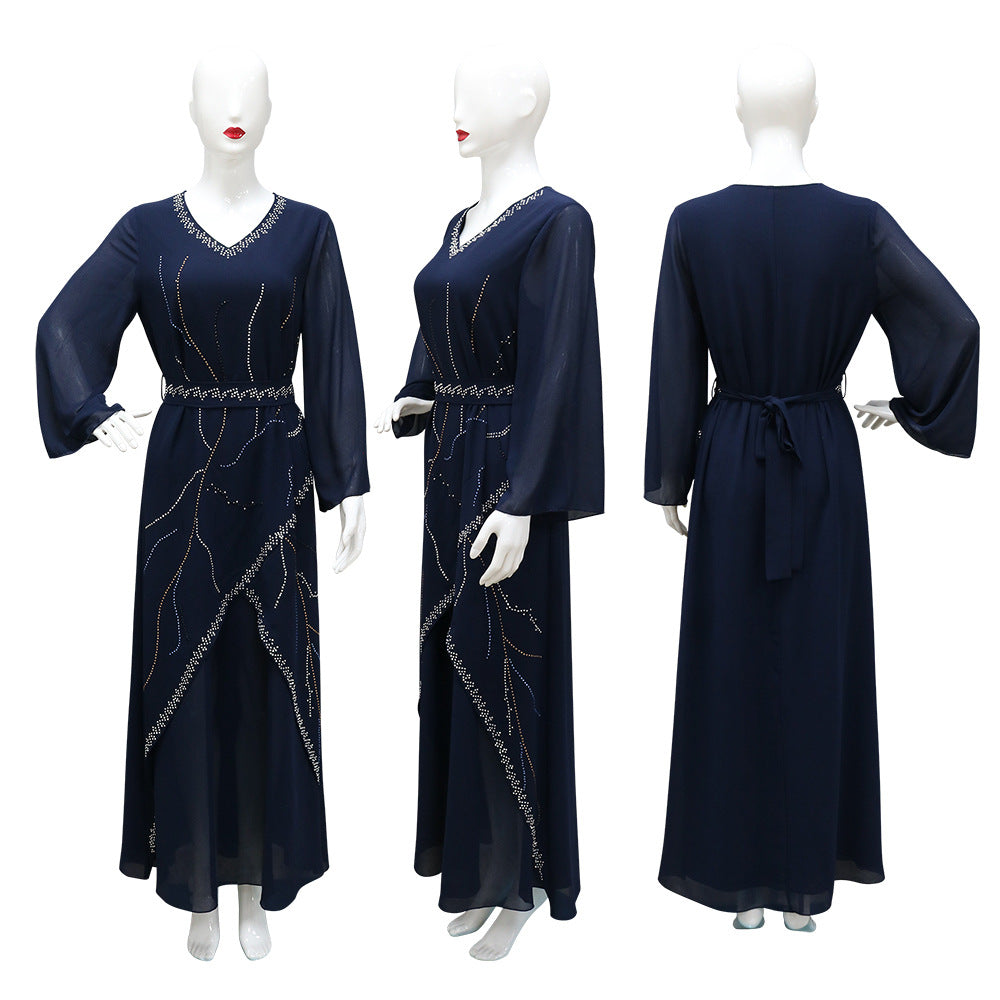 Women's Hot Diamond Chiffon Dress with Belt