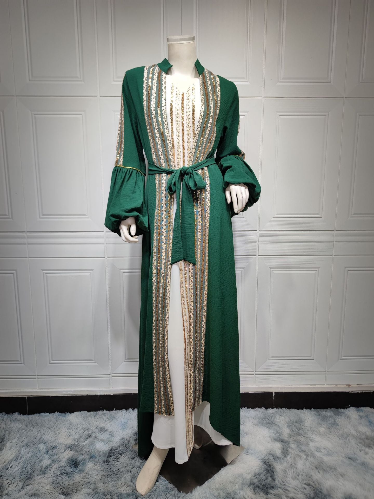 Beaded Embroidered Bubble Sleeve Dress Two Piece Set