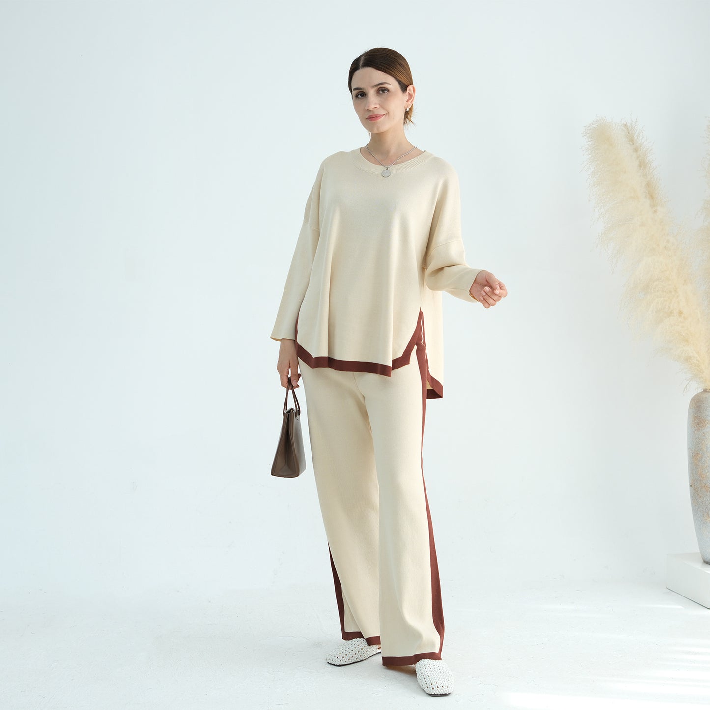 Thickened Knitted Sweater Wide-Leg Pants Trousers Two-Piece Set