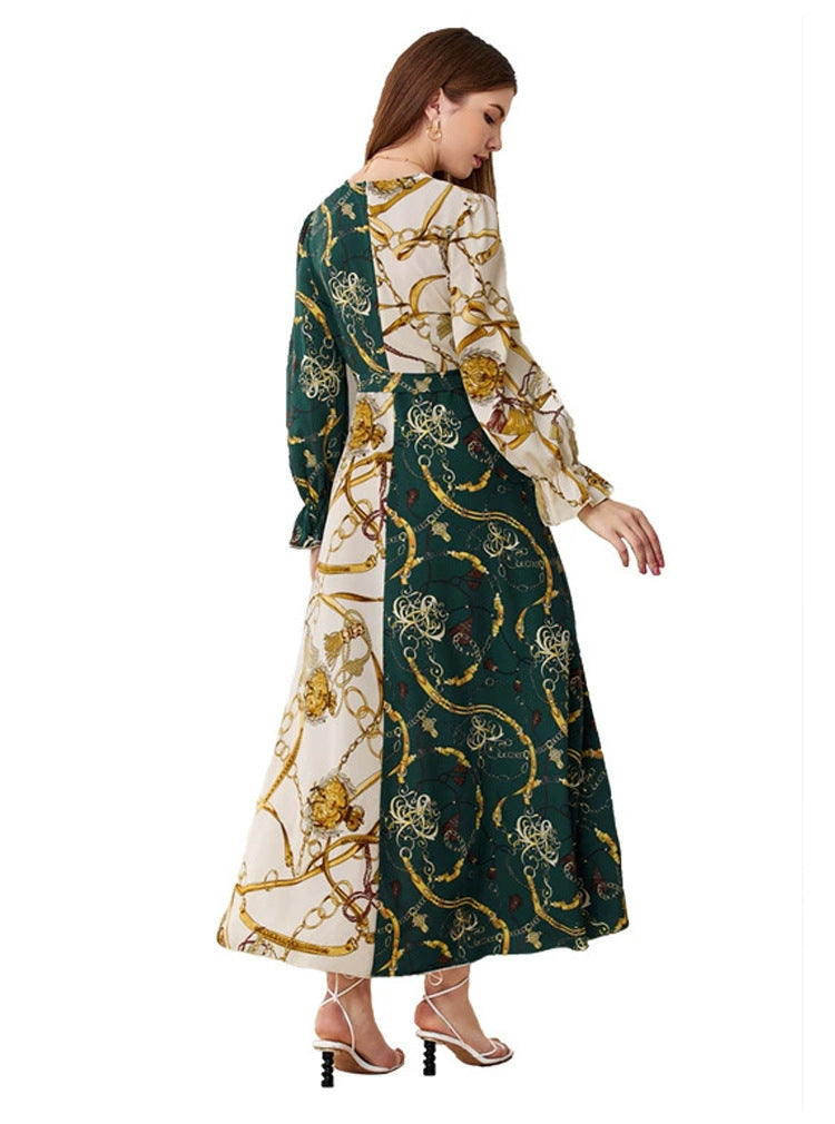 Women's V-neck Long-sleeve Color-block Printed Dress
