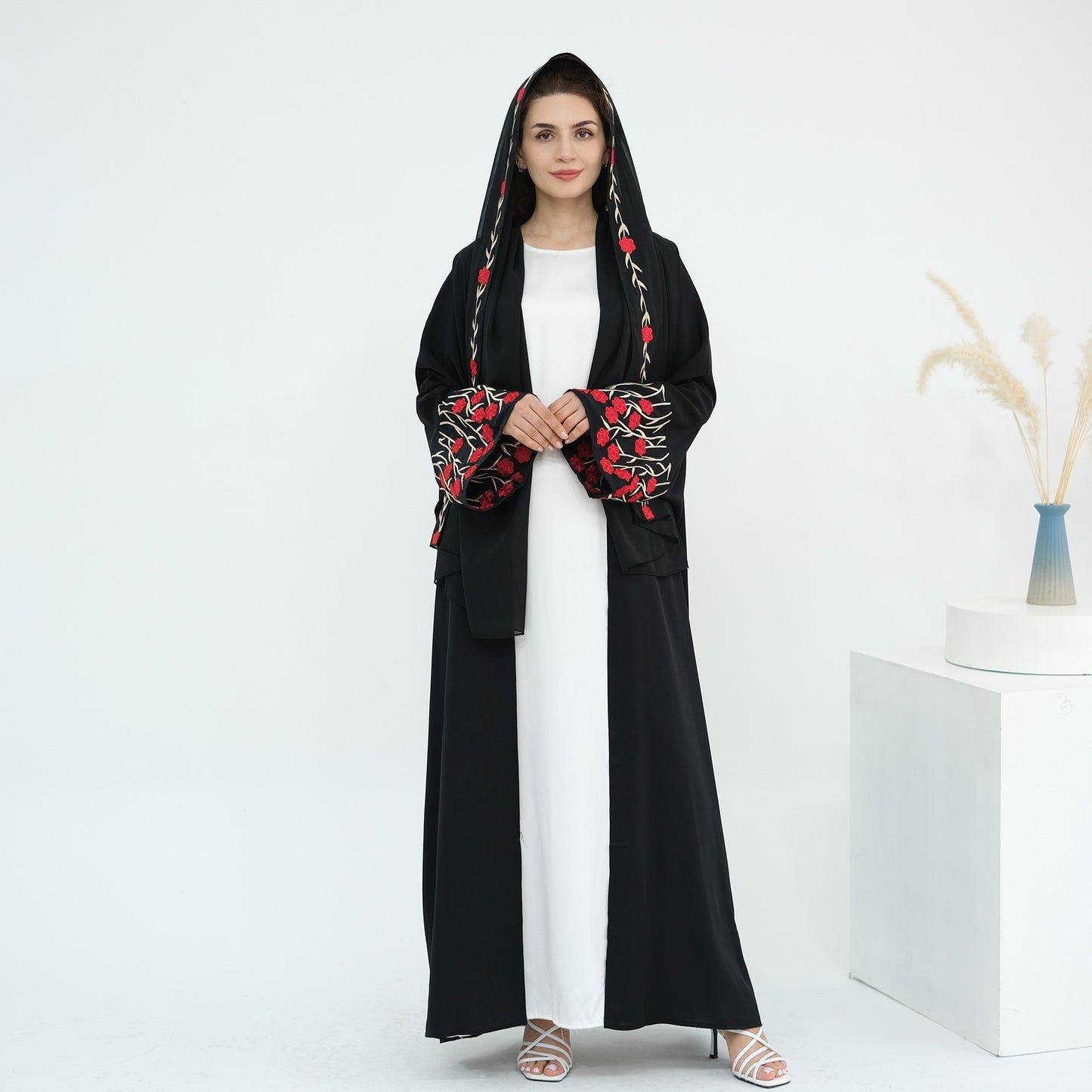 Women's Dubai Floral Embroidered Elegant Open Abaya Robe