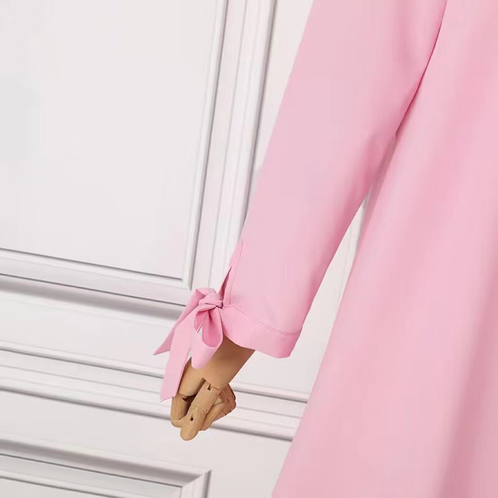 Women's Long-sleeved Solid Color Wooden Button-down Shirt Dress
