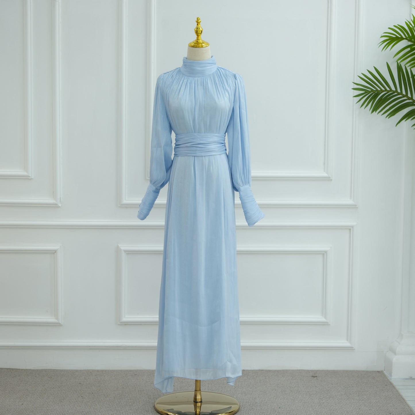 Elegant Pleated Satin Maxi Dress with Waist Belt