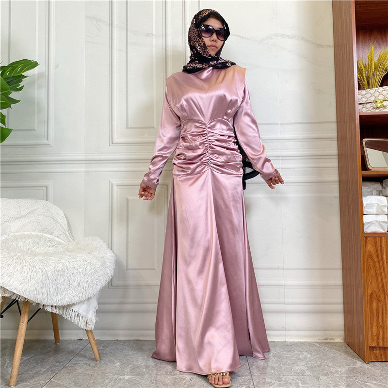 Satin Ruched High-Neck Muslim Evening Gown
