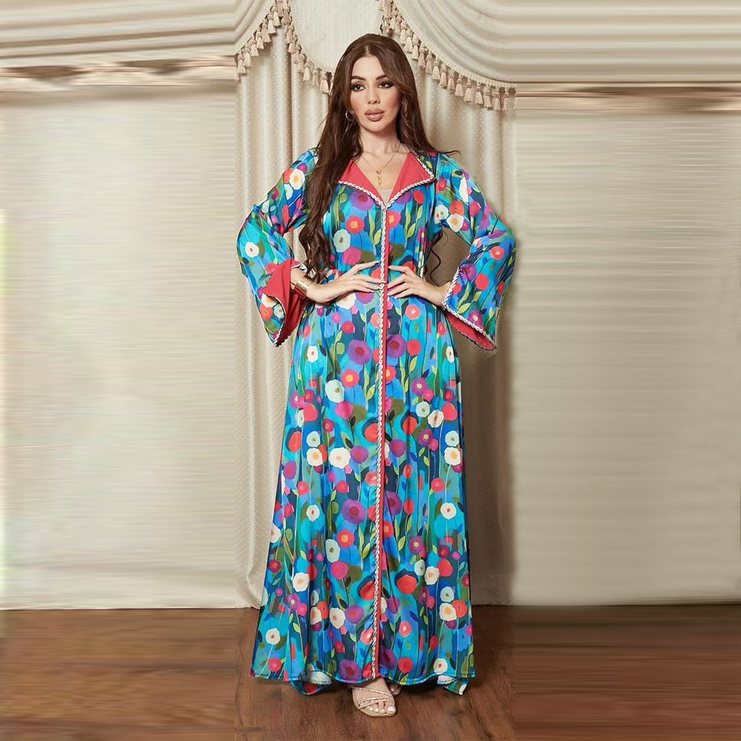 Women's Print Satin-paneled Jalabiya Dress