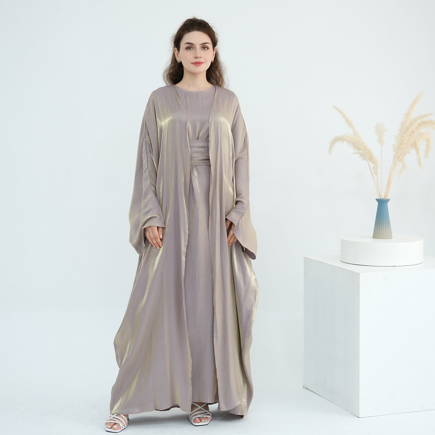 Elegant Solid Color Two Piece Abaya Set with Inner Dress