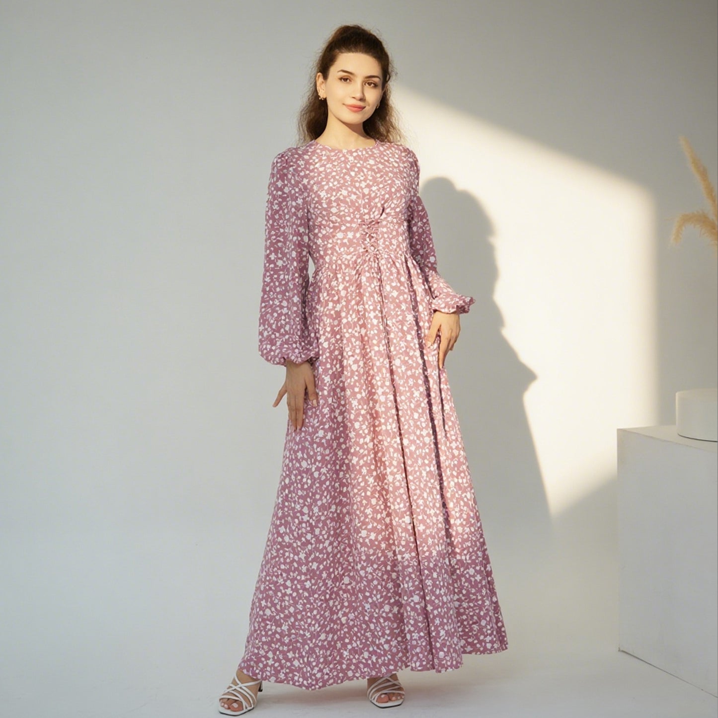 Floral Print Maxi Dress with Waist Tie Modest Long Sleeve