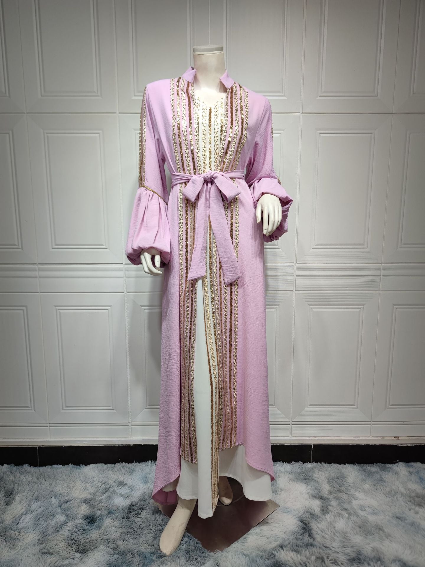 Beaded Embroidered Bubble Sleeve Dress Two Piece Set