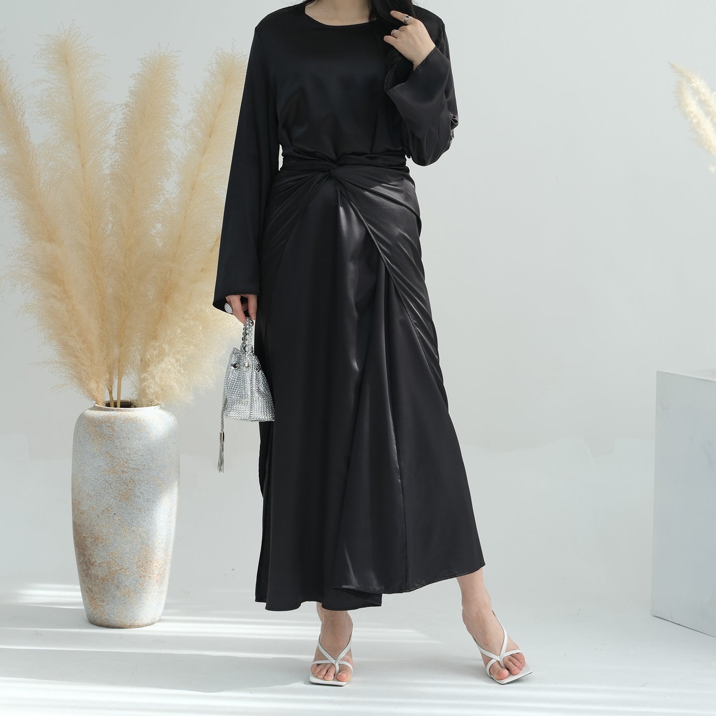 Solid Color Three Piece Abaya Set with Inner Dress and Belt
