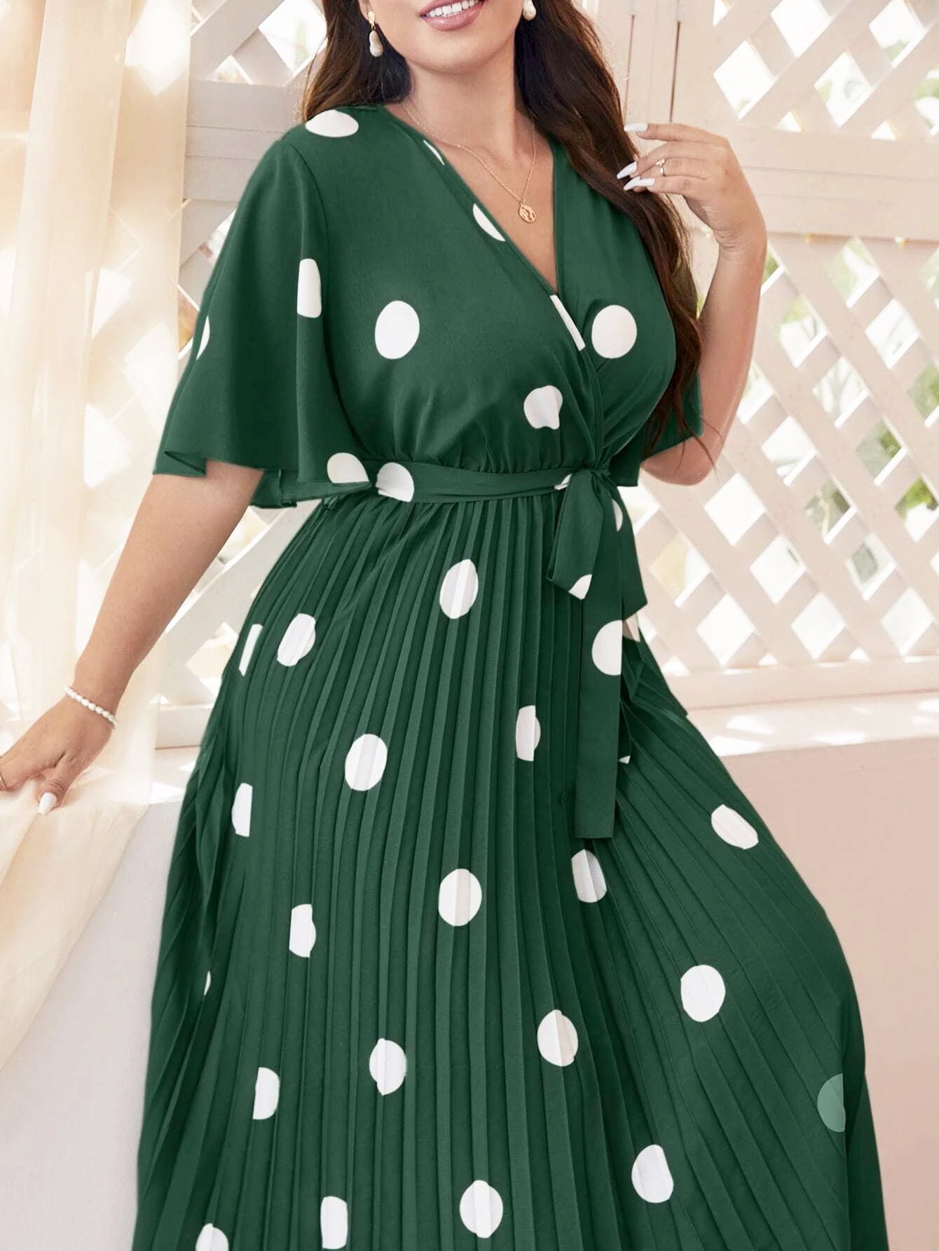 Women's Polka Dot Print Flared Sleeve Lace-up Pleated Dress