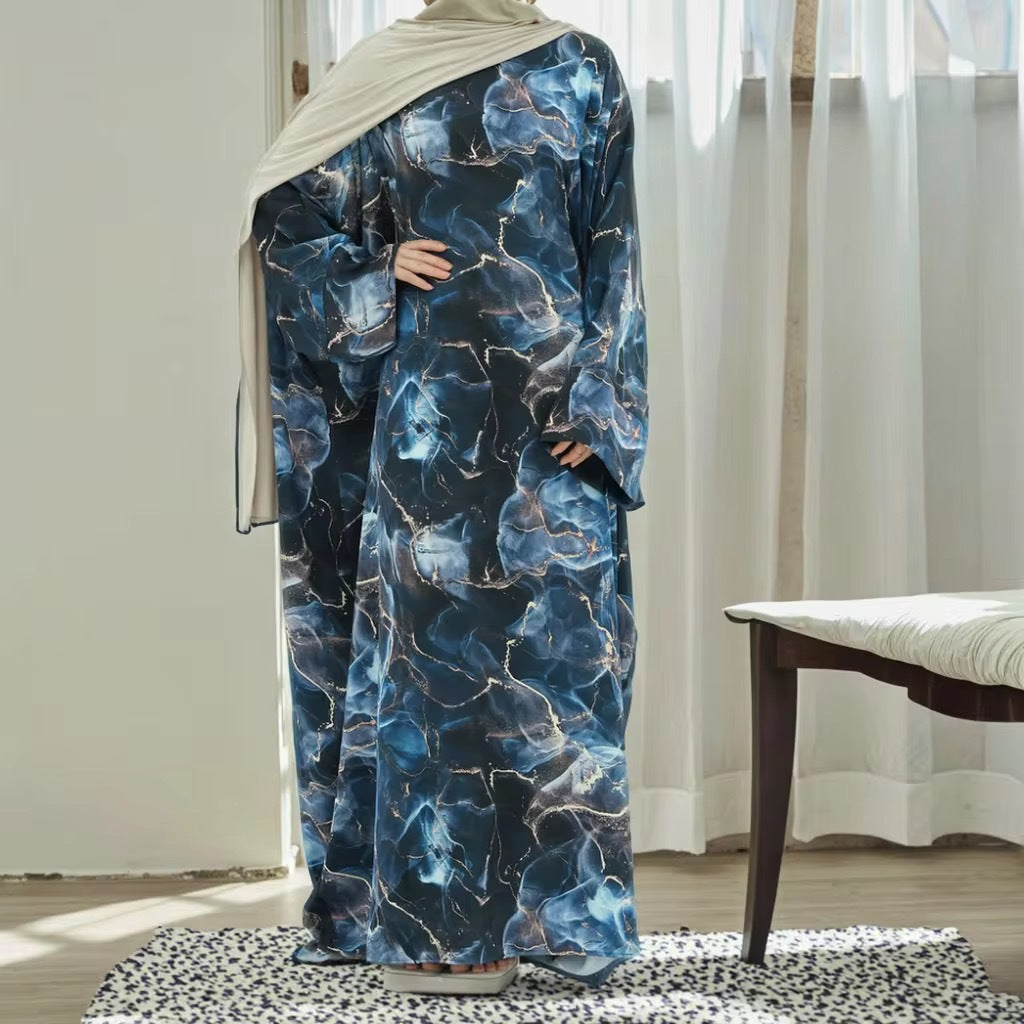 Satin Printed Maxi Dress with Waist Belt and Batwing Sleeves