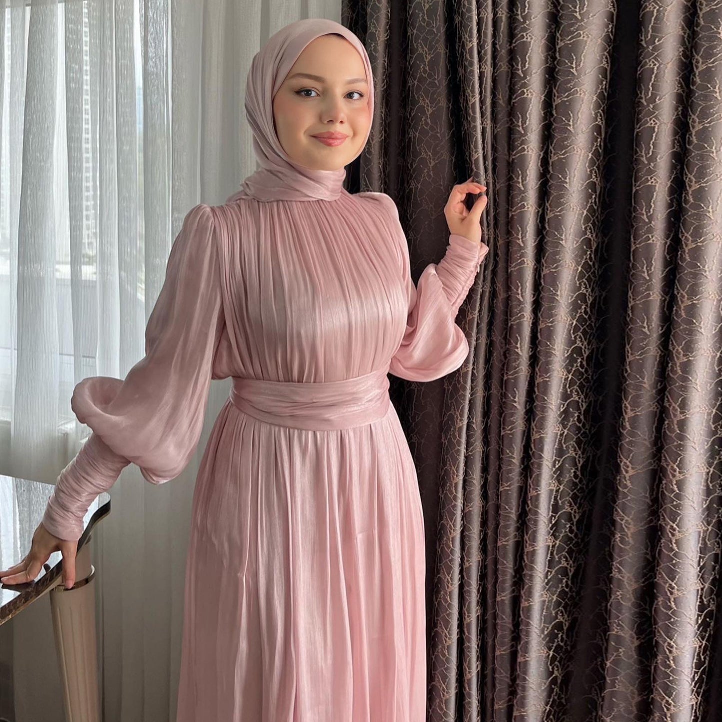 Elegant Pleated Satin Maxi Dress with Waist Belt